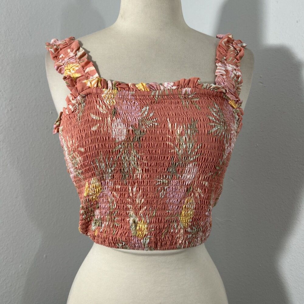 Forever 21 Crop Top Women S Tigerlily Multi Tropical Leaf Smocked Y2K